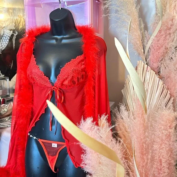 Luxurious Scarlet Lace Robe Set - Picture 2 of 4